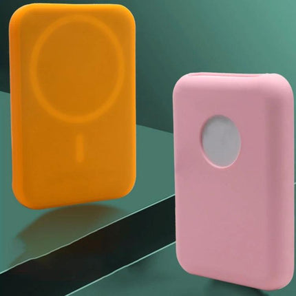 Protective Ultra-Thin Silicone Case for Magsafe Battery Pack in orange and pink, ultra-thin silicone protection with port access and wireless charging compatible