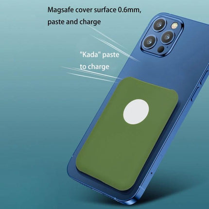 Protective Ultra-Thin Silicone Case for Magsafe Battery Pack shown on blue iPhone with green MagSafe battery, ultra-thin 0.6mm cover protecting while allowing wireless charging