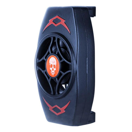 Phone Cooler for Everyday Device Use During Extended Sessions - black turbo fan clip-on cooler with skull emblem