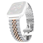 7 45mm / 6 & SE & 5 & 4 44mm / 3 & 2 & 1 42mm / Silver + Rose Gold