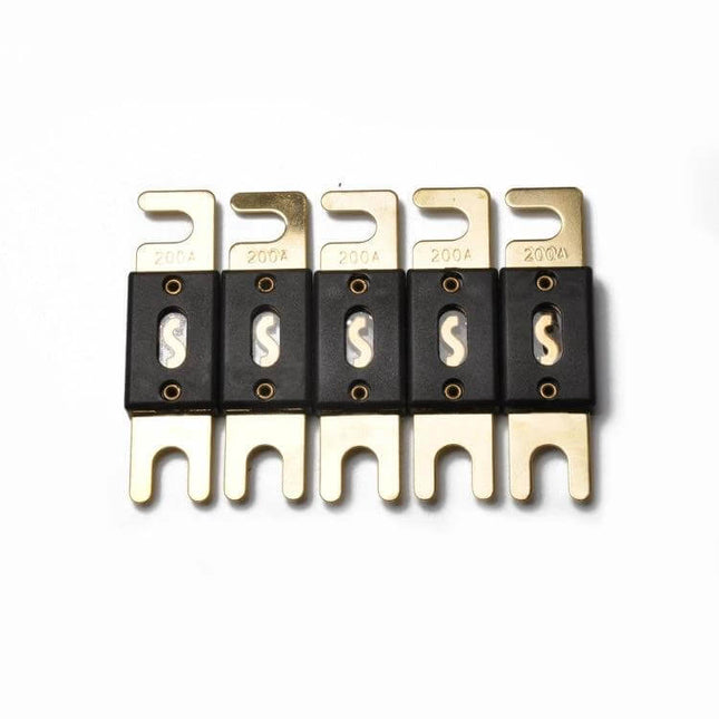 5 Piece 200A Gold Plated ANL Forkbolt Fuse for Car Audio - five gold-plated 200A ANL forkbolt fuses with Bakelite body for car, boat, truck audio