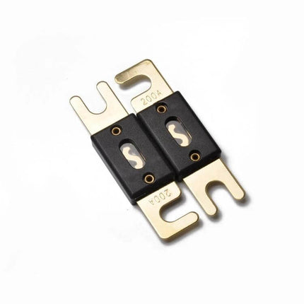 5 Piece 200A Gold Plated ANL Forkbolt Fuse for Car Audio - close-up of two gold-plated 200A ANL forkbolt fuses with black Bakelite body
