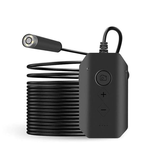 Dual-Lens Wireless Endoscope for Industrial Inspections showing black probe, coiled cable and control unit for pipe and machinery inspection