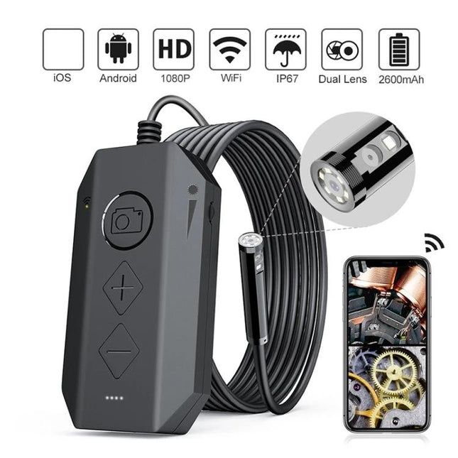 Dual-Lens Wireless Endoscope for Industrial Inspections handheld WiFi borescope with front and side cameras for pipe and machinery checks