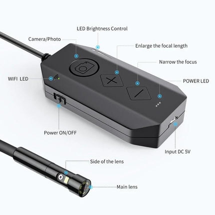 Dual-Lens Wireless Endoscope for Industrial Inspections showing control unit, main and side lenses, LED brightness and power ports