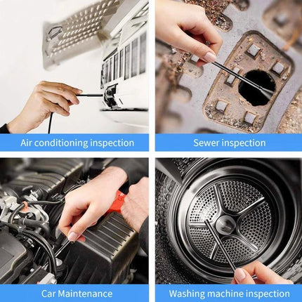 Dual-Lens Wireless Endoscope for Industrial Inspections showing front and side views used for air conditioning, sewer, car and washing machine inspections