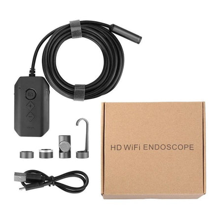 Dual-Lens Wireless Endoscope for Industrial Inspections showing coiled probe, controller, USB cable, accessories and packaging
