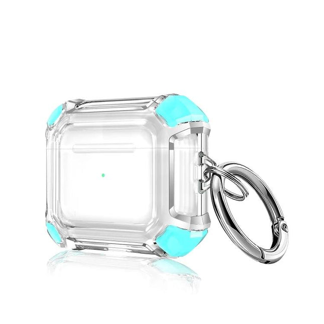Protective Case for AirPods with Loop for Daily Carry - clear PC shell with turquoise corner guards and keyring loop for commuters