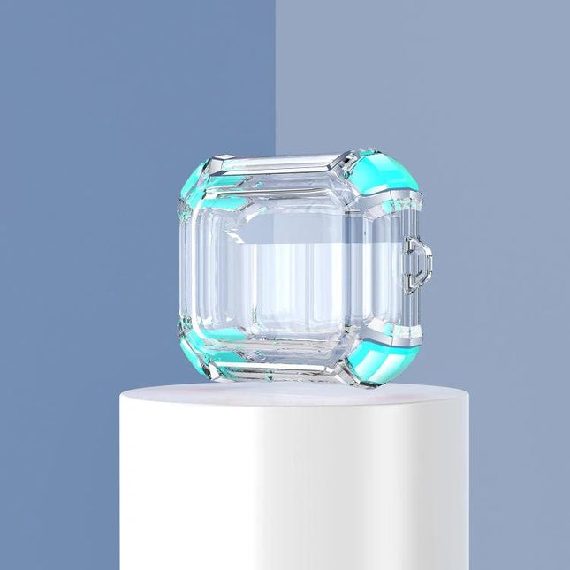 Protective Case for AirPods with Loop for Daily Carry lightweight clear PC case with turquoise accents on pedestal