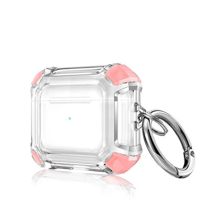 Protective Case for AirPods with Loop for Daily Carry clear PC shell with pink corner guards and metal keyring