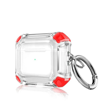 Protective Case for AirPods with Loop for Daily Carry - Clear PC shell with red corner guards and metal keyring loop