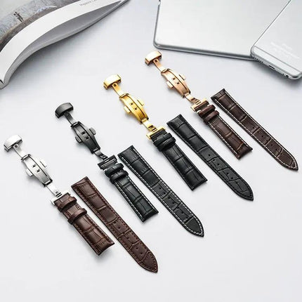 Cowhide Leather Watch Strap Butterfly Buckle, Multiple Sizes