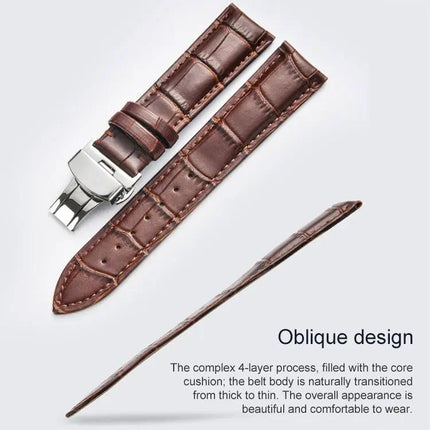 Cowhide Leather Watch Strap Butterfly Buckle, Multiple Sizes