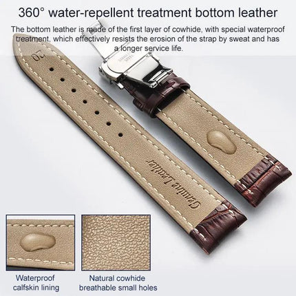 Cowhide Leather Watch Strap Butterfly Buckle, Multiple Sizes