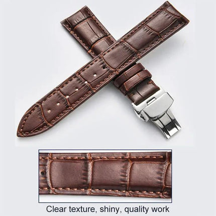 Cowhide Leather Watch Strap Butterfly Buckle, Multiple Sizes