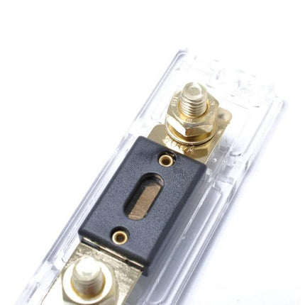 Car ANL Fuse Holder Inline Distribution For Vehicle Audio - clear cover, gold-plated bolt terminals and 300A ANL fuse connection