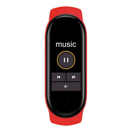Essential Wearable for Daily Health and Activity Tracking showing red fitness band with music player and pause button on screen