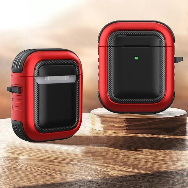 Protective Case with Carabiner for Everyday AirPods Carry - rugged red and black protective AirPods case with clip, shockproof design for commuting and travel