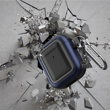 Protective Case with Carabiner for Everyday AirPods Carry showing rugged navy protective AirPods case clipped to carabiner against cracked concrete backdrop