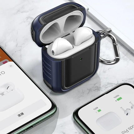 Protective Case with Carabiner for Everyday AirPods Carry - navy rugged protective AirPods case clipped to carabiner for commuting