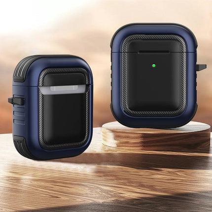 Protective Case with Carabiner for Everyday AirPods Carry showcasing navy rugged shockproof case with clip and charging indicator