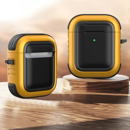 Protective Case with Carabiner for Everyday AirPods Carry – rugged yellow and black protective AirPods case clipped for commuting and travel