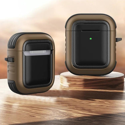Protective Case with Carabiner for Everyday AirPods Carry in rugged brown and black, clip-on protective AirPods case shown front and back
