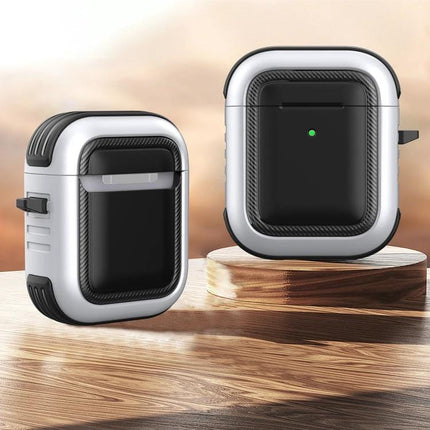 Protective Case with Carabiner for Everyday AirPods Carry — rugged white and black protective AirPods case clipped for commuting and travel