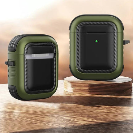 Protective Case with Carabiner for Everyday AirPods Carry in olive green rugged shell clipped to bag or belt loop