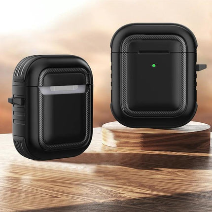 Protective Case with Carabiner for Everyday AirPods Carry in rugged black silicone with clip for commuting and travel