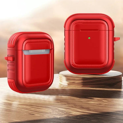Protective Case with Carabiner for Everyday AirPods Carry – red rugged protective AirPods case with carabiner clipped, compact on-the-go design