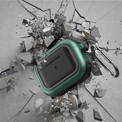 Keep Your AirPods Pro Safe with Carabiner Case for Daily Outings shown clipped to backpack with dustproof antifouling green protective shell