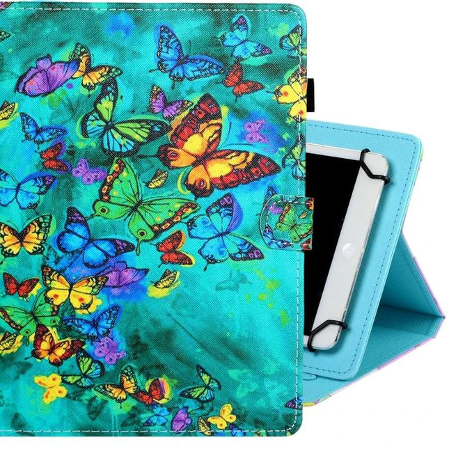Versatile PU Leather Protective Case with Holder for 7-10 Inch Tablets showing turquoise butterfly print stand and secure corner straps
