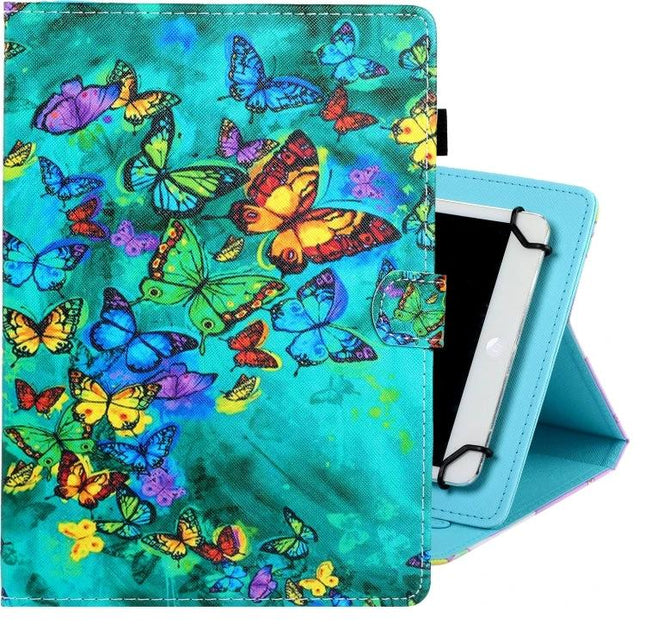 Versatile PU Leather Protective Case with Holder for 7-10 Inch Tablets - Teal Butterfly Print Stand Cover