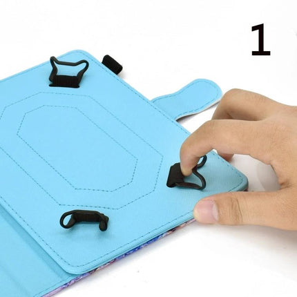 Versatile PU Leather Protective Case with Holder for 7-10 Inch Tablets shown in use with hand securing tablet corner clip