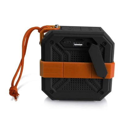 Rixing Compact Bluetooth Speaker For Portable Everyday Use shown pocketable black orange speaker with USB port and wrist strap