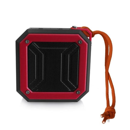 Rixing Compact Bluetooth Speaker For Portable Everyday Use red pocketable speaker with orange strap, TWS ready for hikes and desktop audio