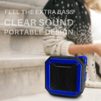 Rixing Compact Bluetooth Speaker For Portable Everyday Use pocketable blue speaker on steps, clear sound, outdoor portable design