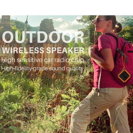Rixing Compact Bluetooth Speaker For Portable Everyday Use shown clipped to hiker’s backpack for outdoor portable music