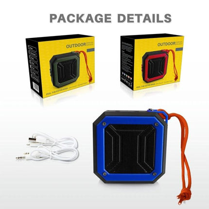 Rixing Compact Bluetooth Speaker For Portable Everyday Use shown with blue rugged speaker, orange strap, packaging and cables
