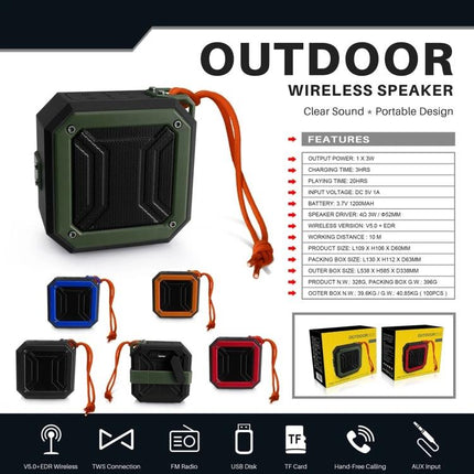 Rixing Compact Bluetooth Speaker For Portable Everyday Use shown in green compact outdoor wireless speaker with orange strap