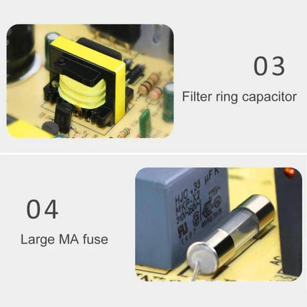 Reliable LED Light Bar Power Supply For Security Displays showing internal transformer, filter capacitor and large mA fuse on PCB