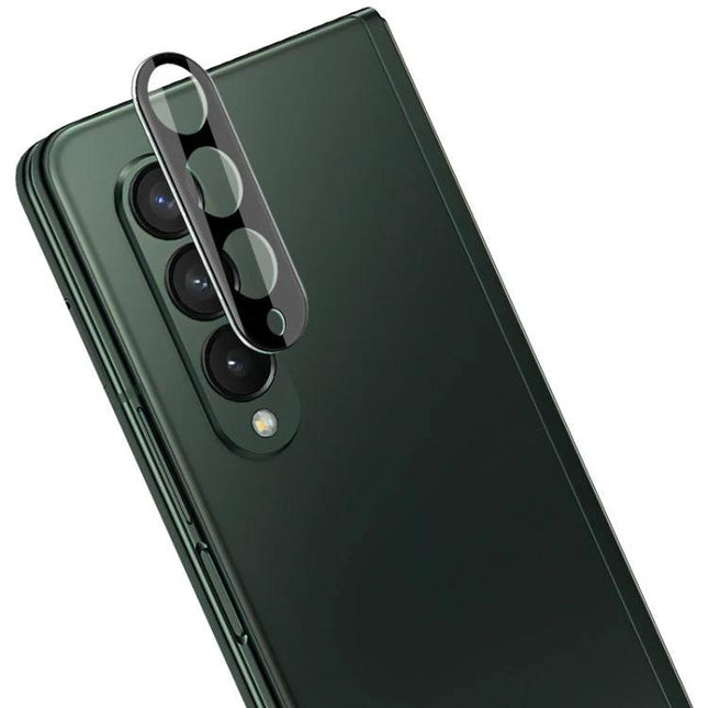 Tempered Glass Camera Protector For Samsung Galaxy Z Fold Series Everyday Lens Protection showing clear tempered lens shield aligned over triple camera on green Galaxy Z Fold