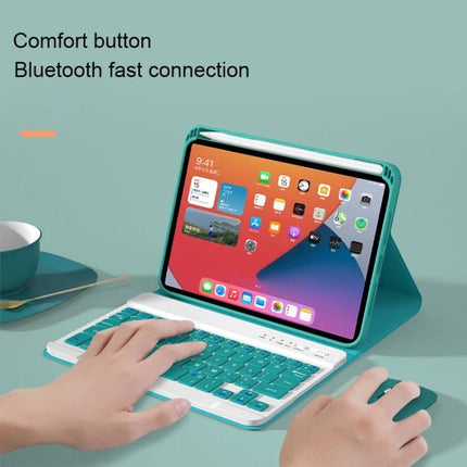 Protective Leather Case with Detachable Keyboard for iPad mini 6 in teal with detachable Bluetooth keyboard and hands typing