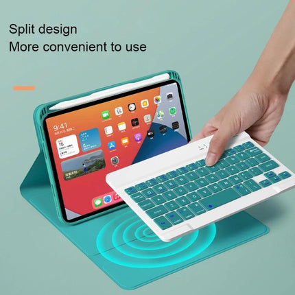 Protective Leather Case with Detachable Keyboard for iPad mini 6 showing split design, teal case and detachable Bluetooth keyboard in use