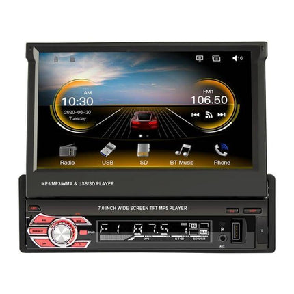 7 Inch Car MP5 Player with Manually Retractable Screen showing touchscreen interface with radio, USB, SD, Bluetooth and phone icons
