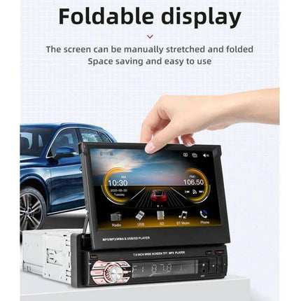 7 Inch Car MP5 Player with Manually Retractable Screen showing foldable display, Bluetooth music, CarPlay/Android Auto and dashboard installation