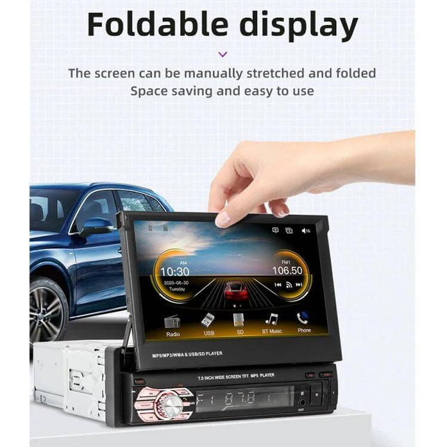 7 Inch Car MP5 Player with Manually Retractable Screen showing foldable display, Bluetooth music, CarPlay/Android Auto and dashboard installation