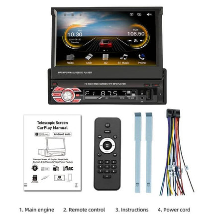 7 Inch Car MP5 Player with Manually Retractable Screen showing dashboard unit, remote, wiring harness and instructions