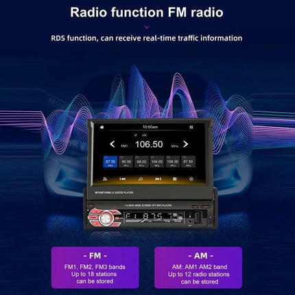 7 Inch Car MP5 Player with Manually Retractable Screen showing FM radio display, Bluetooth, CarPlay/Android Auto and dashboard integration